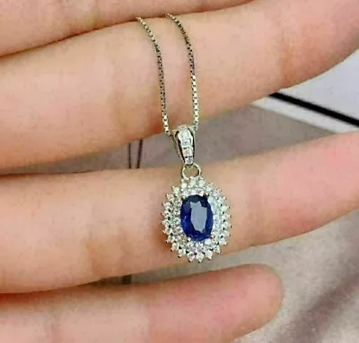 2Ct Oval Lab Created Blue Sapphire Diamond Women's Pendant 14K White Gold Plated • $90.99