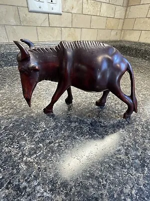 Vintage Hand Carved Wood Water Buffalo Statue Figurine Dark Animal Art • $39.99
