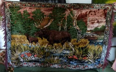 Vintage Moose And Baby Crossing Creek Tapestry 77 X 48   Trees Wall Hanging  • $79.95