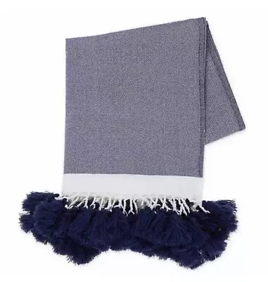 Bee & Willow THROW BLANKET Lauren Liess Alcott Navy Blue Pom Pom Tassel Nautical • £17.10