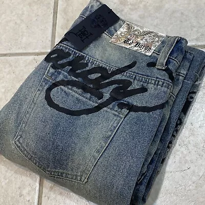 Ed Hardy Mens Jeans 40x30 Slim Tapered Distressed Knees 90s Rave Y2k Denim.   A4 • $42.30