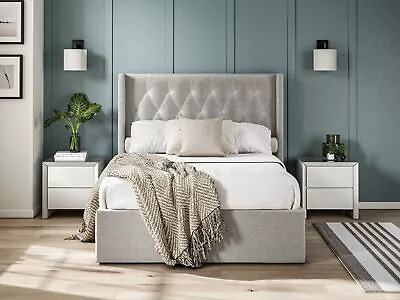 Double Bed Fabric Bedframe Ottoman  - Grey - Linen • £554.40