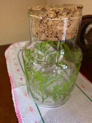 Vintage Glass Canister/Jar Cork Lid Green Herb Graphic 1970's • $15.95