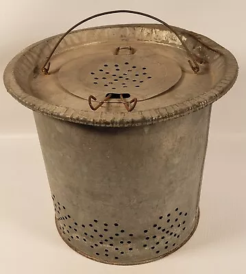 Antique Minnow Live Bait Pail Bucket Fishing Galvanized Hand Pleated 8 H  SH • $41.80