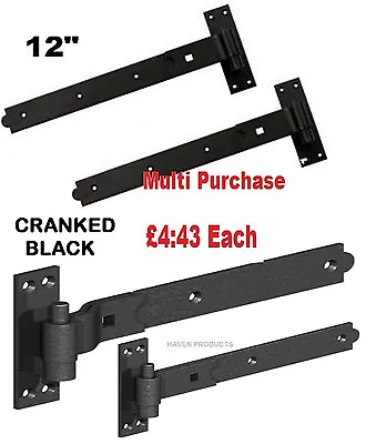 12  Gate Cranked Hook & Band Hinges Heavy Duty Stable Garage Shed Barn Door Blk • £12.01