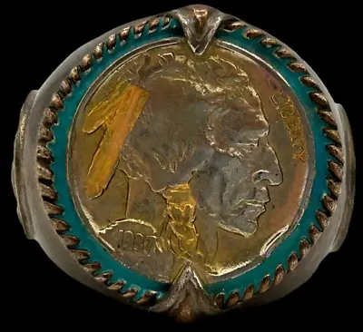 VTG 1937 Sterling Silver Buffalo Indian Head Nickel Sz13 Ring Signed BGE 24grams • $99