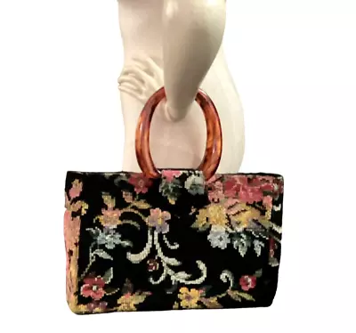 VTG 60s Needlepoint Handbag Purse Tote EUC Black Multicolor Floral 36BX • $165