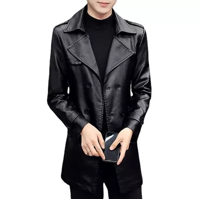 Mens Leather Trench Coat Lapel Collar Long Sleeve Casual Jackets Double Breasted • $74.95