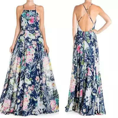 NEW MEGHAN LA Midnight Floral CHIFFON Criss Cross Back MAXI DRESS M (Fit S) • $39.99