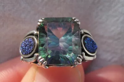 Estate Sterling Silver Mystic Fire Topaz & Blue Druzy Quartz Ring Size 5 • $75