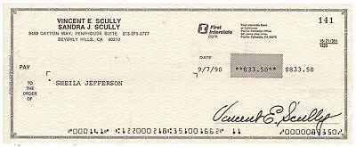 Vin Scully Signed 9/7/1990 First Interstate Bank Check 38912 • $399.99