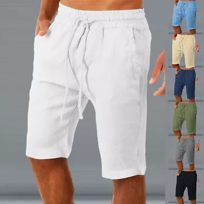 Men Cotton Linen Casual Shorts Elastic Waist Sport Summer Solid Pants Trousers • $17.49