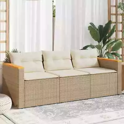 Patio Sofa With Cushions 3-Seater Outdoor Seating Beige Poly Rattan VidaXL VidaX • $242.99