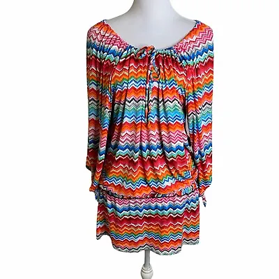 La Blanca Multicolor Striped Wide Smocked Waist Cover Up Beach Dress Womens S • $16.74