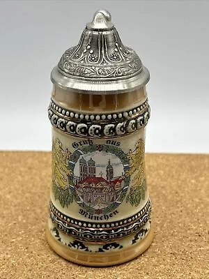 German Munich Stoneware Beer Stein 4” Pewter Lid Germany City Scape Lions EUC • $19.99