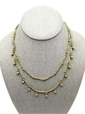 J CREW Gold Tone Necklace Double Strand Bar Link With Dangle Beads 16  - 18  • $14.95
