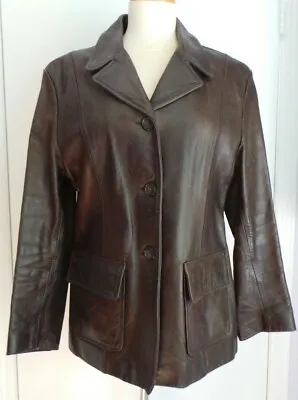 Leather Jacket Coat Women's Dark Brown Distressed Oakwood Lg 42  Bust Buttons  • £72.39