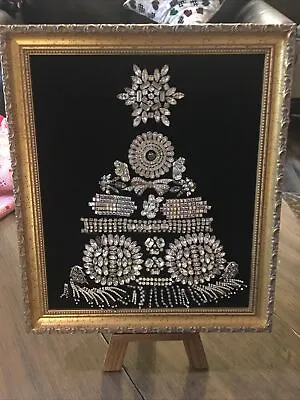 Vtg Jewelry Christmas Tree Art Rhinestone Ornate Frame 12 X 14 Handmade W/Stand • $40