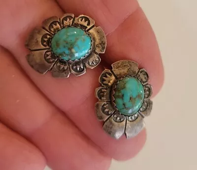 Vintage Native Navajo Sterling Silver Southwest Turquoise Earrings Signed LO • $19