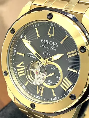 Bulova Men's Watch 98A273 Marine Star Automatic Black Dial Gold Stainless Steel • $209.99