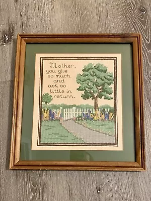 Vintage Needlepoint Picture Square Wood Frame 16x15” Matted Mother Framed Gift • $19.96