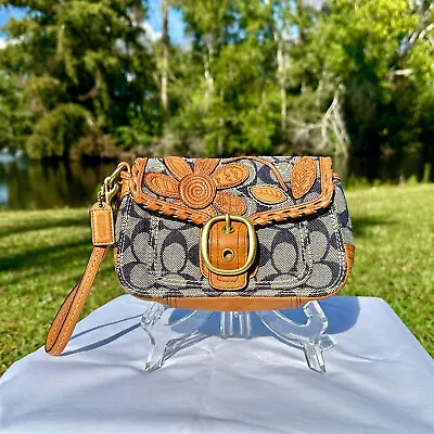 COACH Bleeker Vachetta Leather And Signature Denim Floral Applique Wristlet RARE • $275