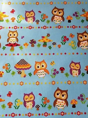 KOKKA Cosmo Japanese Import Cotton Canvas Fabric Owl Mushroom FQ Blue • £24.69