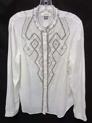 ANTHROPOLOGIE PILCRO Ivory Blouse Rhinestone Lace Beads Mandarin Collar Large • $19.99