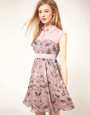 TED BAKER Curiosity Print Bird Rabbit Fit&flare Full Skirt Collar Tea Dress 0 6 • £79.99