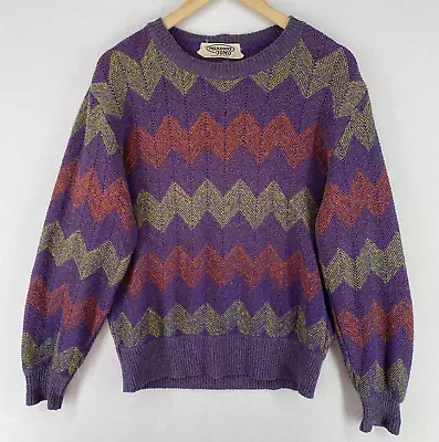 MISSONI UOMO Sweater Mens M 80s Chevron Long Sleeve Pullover Purple VTG Italy • $164
