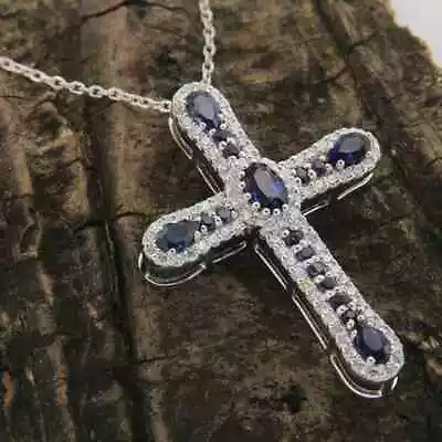 2.00 Ct Oval Cut Lab Created Sapphire Men's Cross Pendant 14K White Gold Plated • $99.19