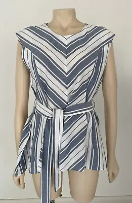 Viktoria Woods Size 2  (AUS 10) Blue & White Cotton Belted V Neck Sleeveless Top • $15