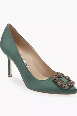 Manolo Blahnik Hangisi Dark Green Satin Size 42 EU / 12 US $1195 • $599.99