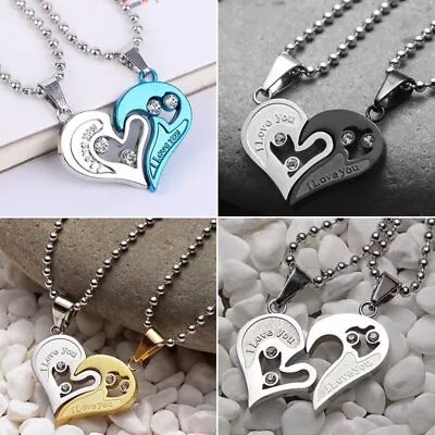 Fashion 2 Pcs I Love You Heart Pendant Necklace Couple Best Friends Jewelry Gift • $1.40