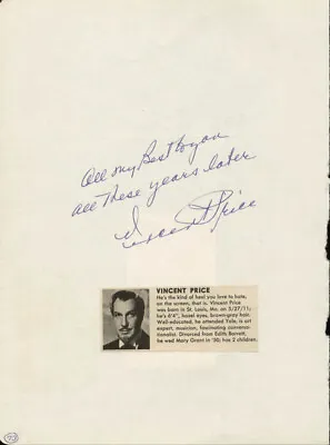 Vincent Price - Autograph Sentiment Signed Circa 1965 With Co-signers • $240