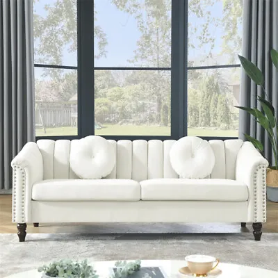 Velvet Upholstered Sofa Couch 3 Seat Tufted Back With Nail Arms With 2 Pillows • $459
