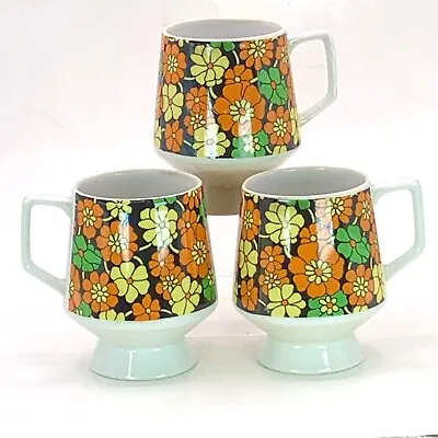 Vintage Mod Floral Pedestal Coffee Mugs Black Orange Retro Flower Power SET 3 • $28.99