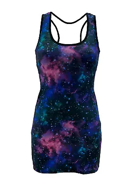 Blue Purple Galaxy Cosmos Stars Planets Print Long Vest Top Bodycon Rave • £21.99