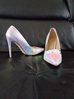 Missguided White Holographic High Heel Heels Stiletto  Shoes UK 7 EU 40 Silver • £5.99