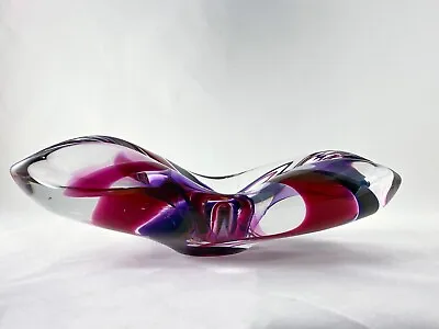 Danish Modern Art Glass Sculpture Signed Max Verboeket Red & Purple Hand Blown • $105