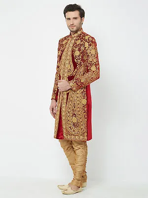 Sherwani Wedding Indian Kurta Red Velvet Embroidered Men's Traditional Pajama • £243.20
