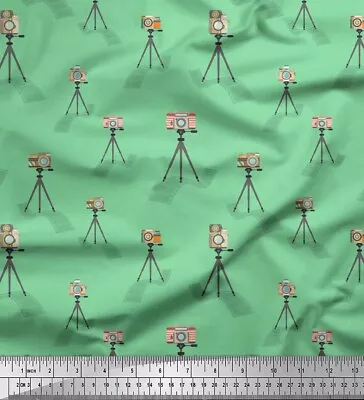 Soimoi Green Cotton Poplin Fabric Stand & Camera Fashion Print Fabric-1Df • $8.81