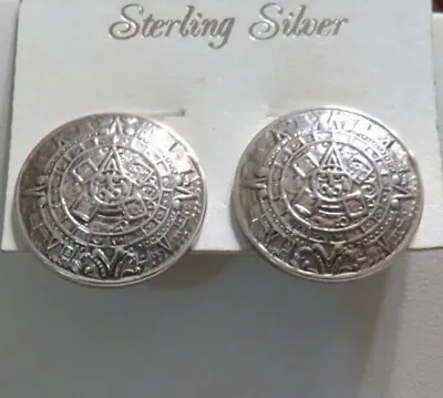 Vintage Sterling Silver Chased Mayan Calander Clip-on Earrings 7/8  • $29.99