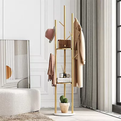 Tall Gold Coat Rack Freestanding With 3 Shelves + 9 Hooks Hat Tree Clothes Racks • $65.90