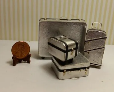 Miniature Dollhouse 4 Pc Luggage 1:12 /Silver Metallic  W/ Black Tape  Trim • $10.99