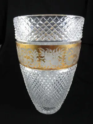 Large 9 3/4  Bohemian Moser Czech Floral Engraved Cut Crystal Gold Vase • $149.99