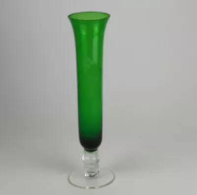 Vintage Emerald Green 8” Pedestal Bud Vase With Etched Flower • $12.50