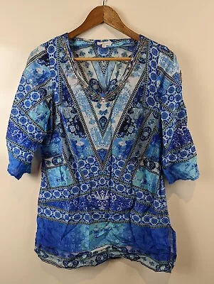 W Lane Blue Printed Beaded V-neck Lightweight Silk Cotton Blend Tunic Size 8 • $26.95