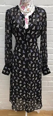New Next Shirt Dress Size 12 Black Bow Fit Flare Belted Chiffon Lined Long  • £34.99