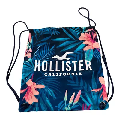 Hollister California Womens Blue Drawstring Bag Floral Tropical Beach Backpack • £13.25